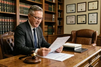 Notaire en costume sombre examinant des documents d'enchères immobilières dans son bureau traditionnel