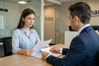 Une femme examine les frais bancaires de son nouveau compte avec un conseiller dans une agence bancaire moderne