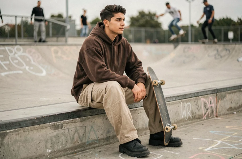 Jeune homme en pantalon cargo beige large assis dans un skatepark en béton