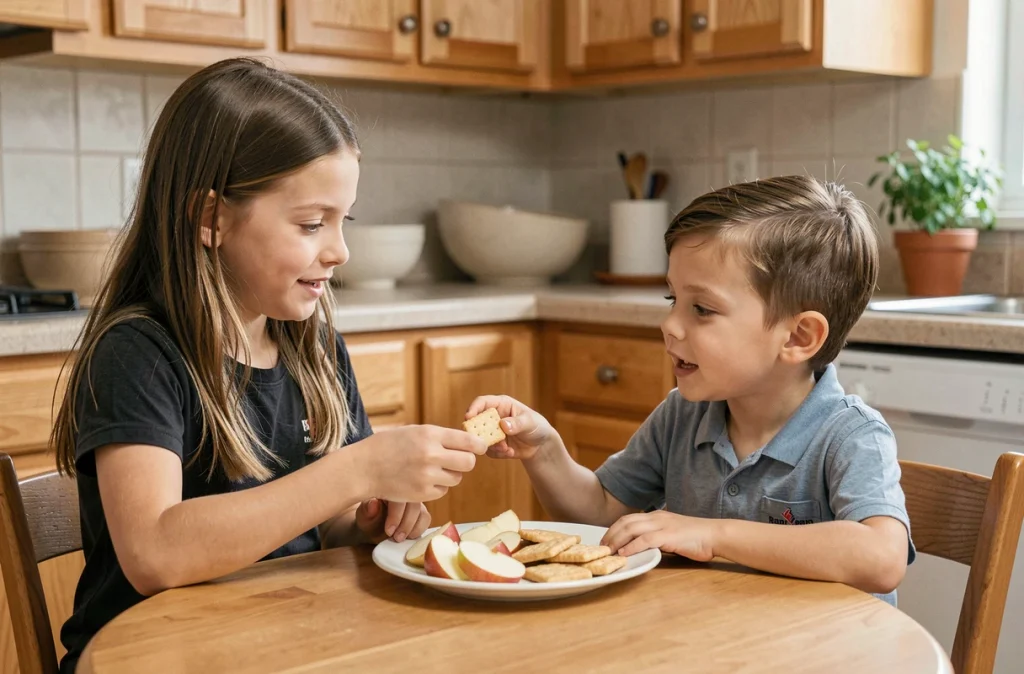 Une grande sœur partageant une collation avec son petit frère autour d'une table de cuisine familiale