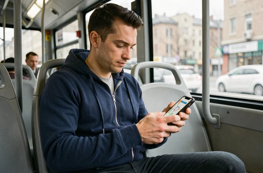 Passager consultant le trajet de la ligne 192 sur son téléphone à l'intérieur du bus