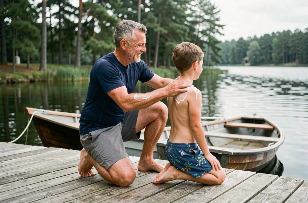 Père appliquant de la protection solaire dans le dos de son enfant sur un ponton en bois au bord d'un lac