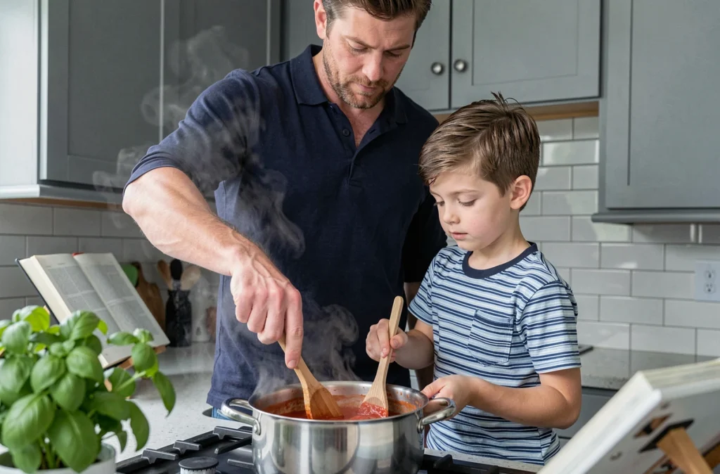 Père et fils cuisinant ensemble une sauce tomate maison sur une cuisinière moderne, moment de complicité et d'apprentissage culinaire en famille