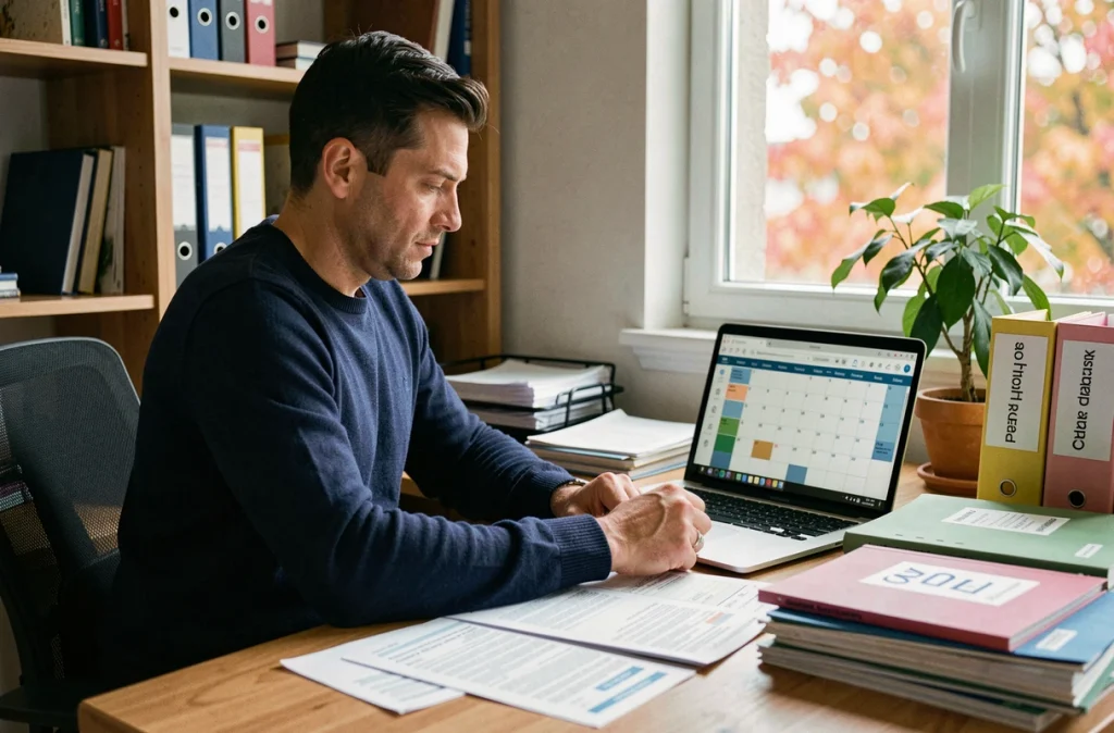Père concentré à son bureau consultant les dossiers scolaires et un agenda familial numérique pour organiser la rentrée de ses enfants