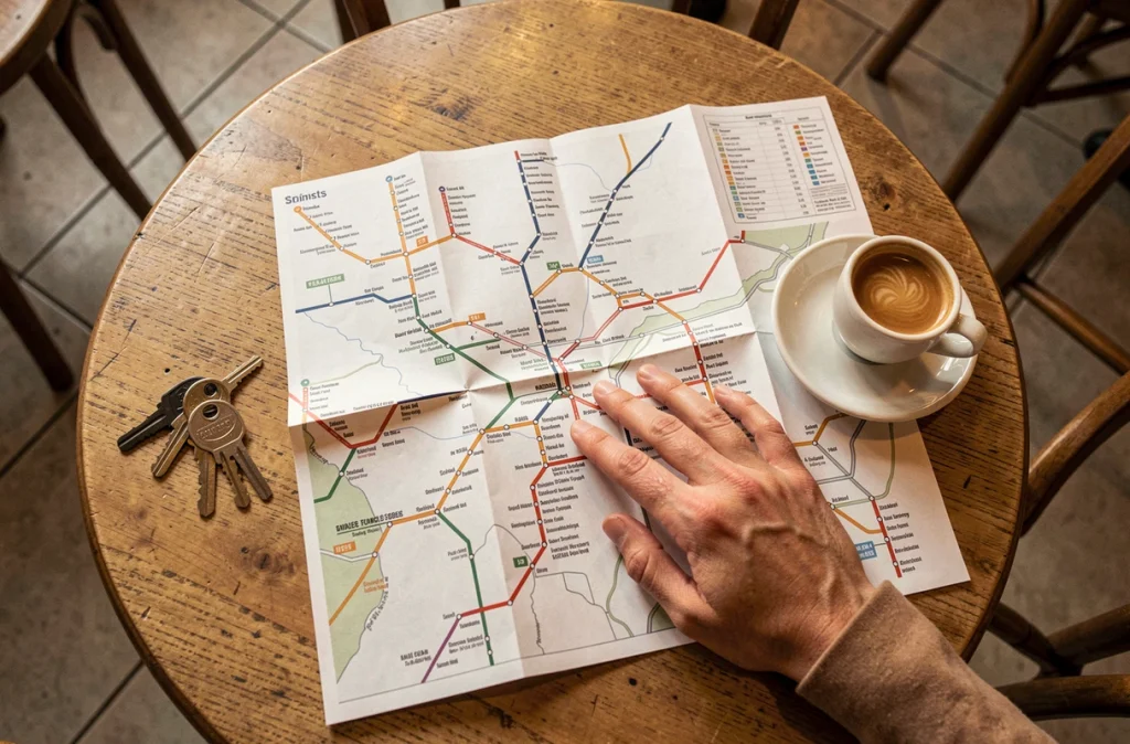 Plan papier du réseau de bus déplié sur une table de café avec la ligne 192 visible