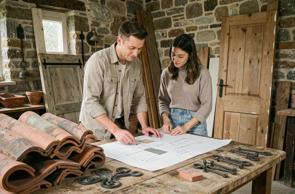 Couple étudiant les plans de rénovation de leur maison ancienne entouré de matériaux de récupération dans un atelier