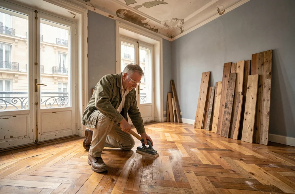 Artisan ponçant un parquet ancien en chevrons dans un appartement haussmannien en cours de rénovation
