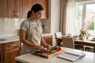 Femme préparant des légumes dans une cuisine moderne avec un planificateur de repas ouvert, illustration d'une organisation familiale efficace