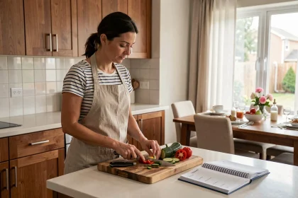 Femme préparant des légumes dans une cuisine moderne avec un planificateur de repas ouvert, illustration d'une organisation familiale efficace