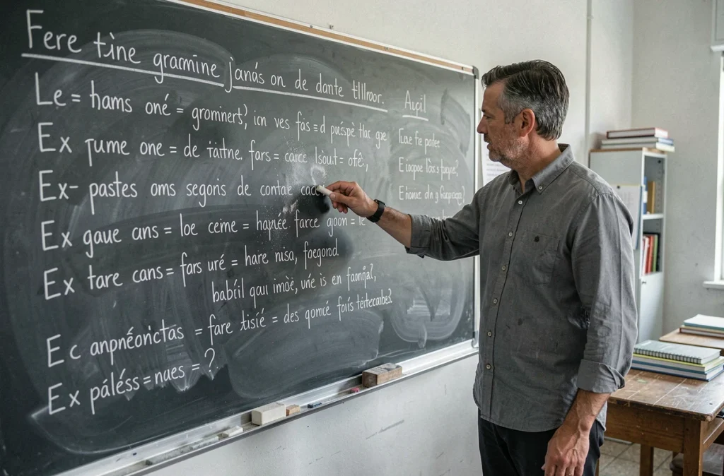 Professeur écrivant des règles de grammaire française au tableau, illustrant le débat orthographique autour de l'expression en tout point