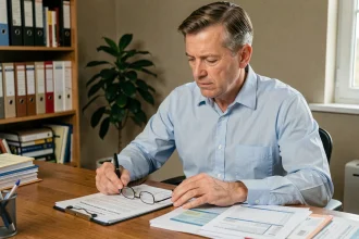 Propriétaire bailleur qui examine ses documents fiscaux liés aux revenus locatifs à son bureau à domicile
