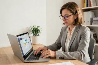Propriétaire immobilière gérant ses locations en ligne depuis un bureau à domicile avec un ordinateur portable