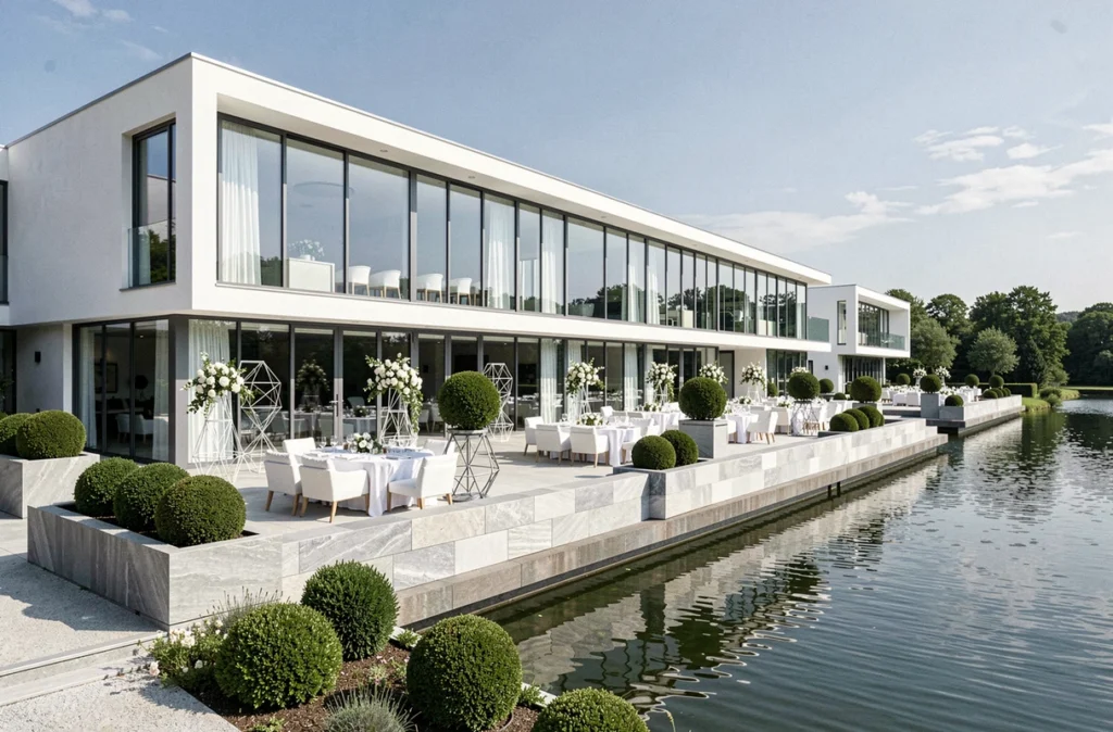 Quintessia Resort dans la Vallée de la Loire, complexe de réception moderne avec façade blanche, terrasse panoramique et vue sur lac lors d'un mariage contemporain