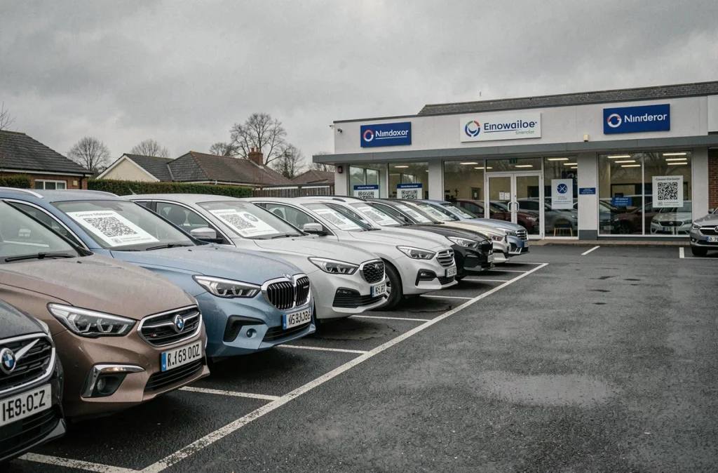 Rangée de voitures d'occasion connectées exposées sur le parking d'un concessionnaire automobile