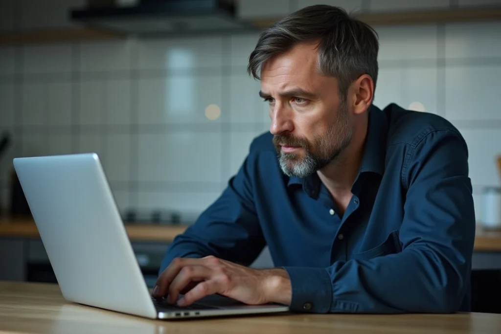 Homme utilisant un ordinateur portable pour rechercher gratuitement une personne à partir d'une photo afin d'éviter une arnaque romantique