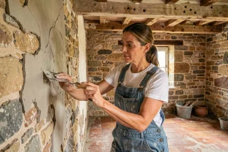 Femme rénovant un mur en pierre ancienne dans une maison de campagne française, appliquant du plâtre avec une truelle