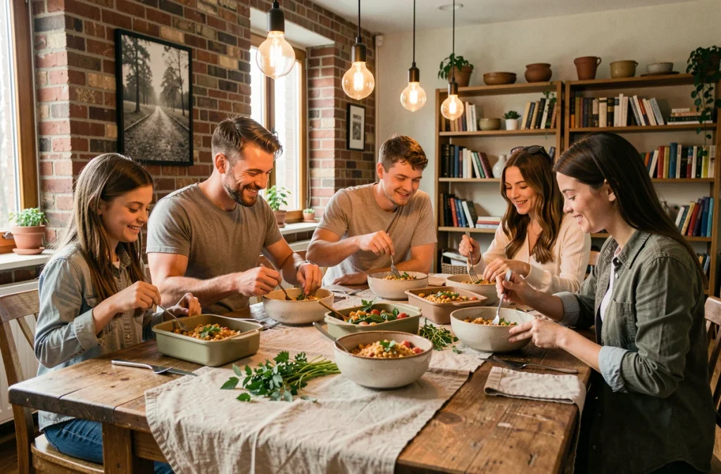 Famille assemblant des repas DIY autour d'une grande table en bois rustique, symbolisant une organisation de repas flexible et conviviale
