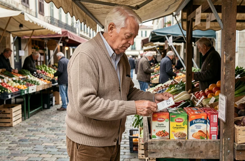 Retraité français comparant les prix au marché en raison de l'inflation sur les produits alimentaires