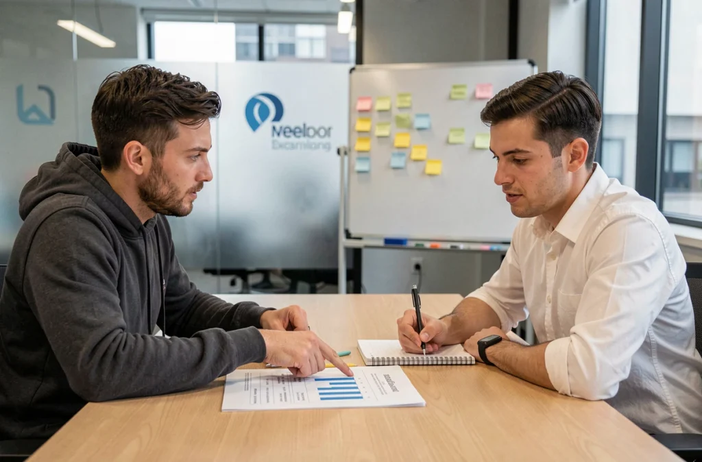 Deux consultants en agence SEO discutant d'un rapport comparatif de plateformes de netlinking autour d'une table de réunion