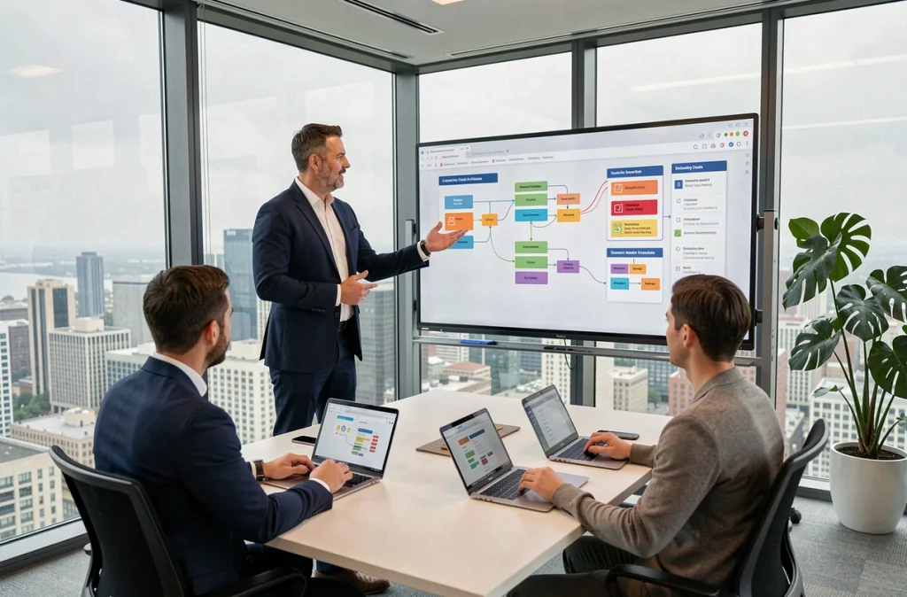 Réunion d'équipe autour d'un tableau blanc numérique pour organiser le travail avec des outils collaboratifs