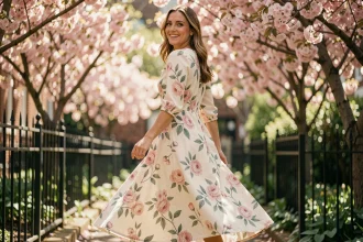 Femme en robe midi à imprimé fleuri rose et vert sauge se promenant dans un jardin urbain printanier