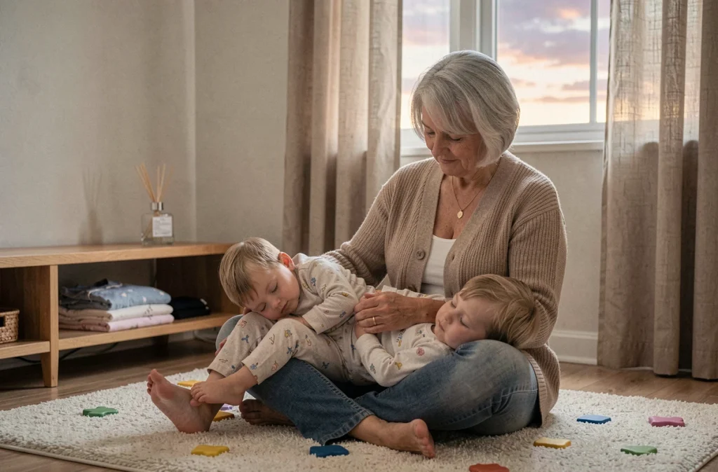 Grand-mère massant les pieds d'un tout-petit endormi dans un salon familial calme lors d'une routine apaisante du soir