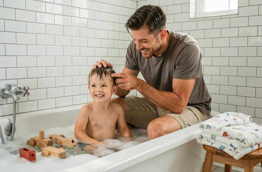 Père donnant le bain à son jeune fils dans une salle de bain familiale apaisante avant le coucher