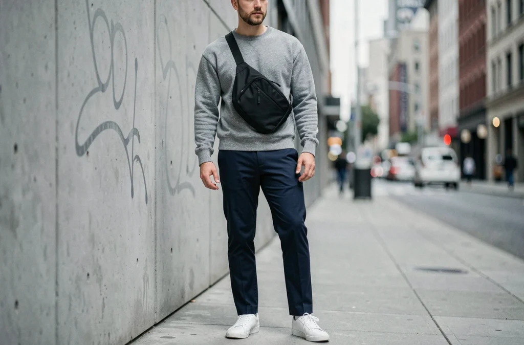 Homme en tenue urbaine casual avec sac banane noir en nylon porté à la taille devant un mur en béton moderne