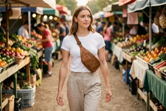 Jeune femme portant un sac banane en cuir camel en bandoulière croisée dans un marché coloré du week-end
