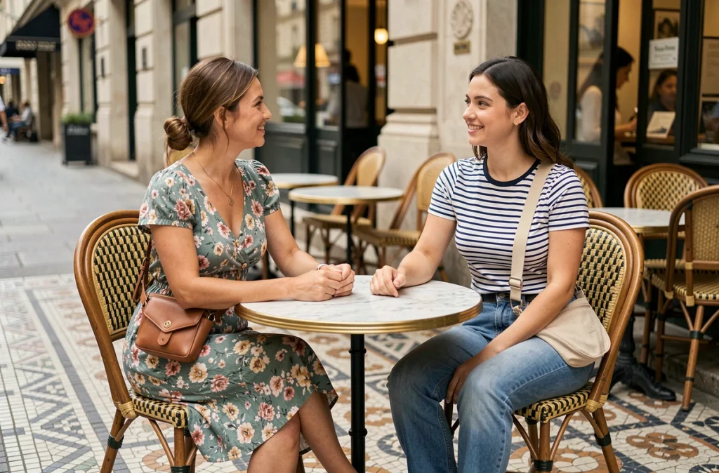 Deux femmes assises en terrasse de café parisien, arborant des sacs banane portés différemment avec des tenues casual
