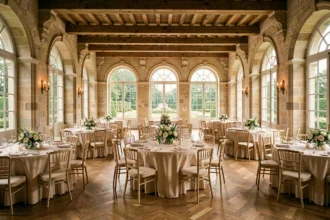 Intérieur d'une salle de réception élégante dans un château des Pays de la Loire, tables dressées pour un banquet de mariage avec vue sur des jardins à la française