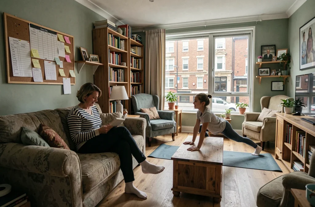 Salon partagé en colocation familiale avec adultes cohabitant dans un appartement en ville