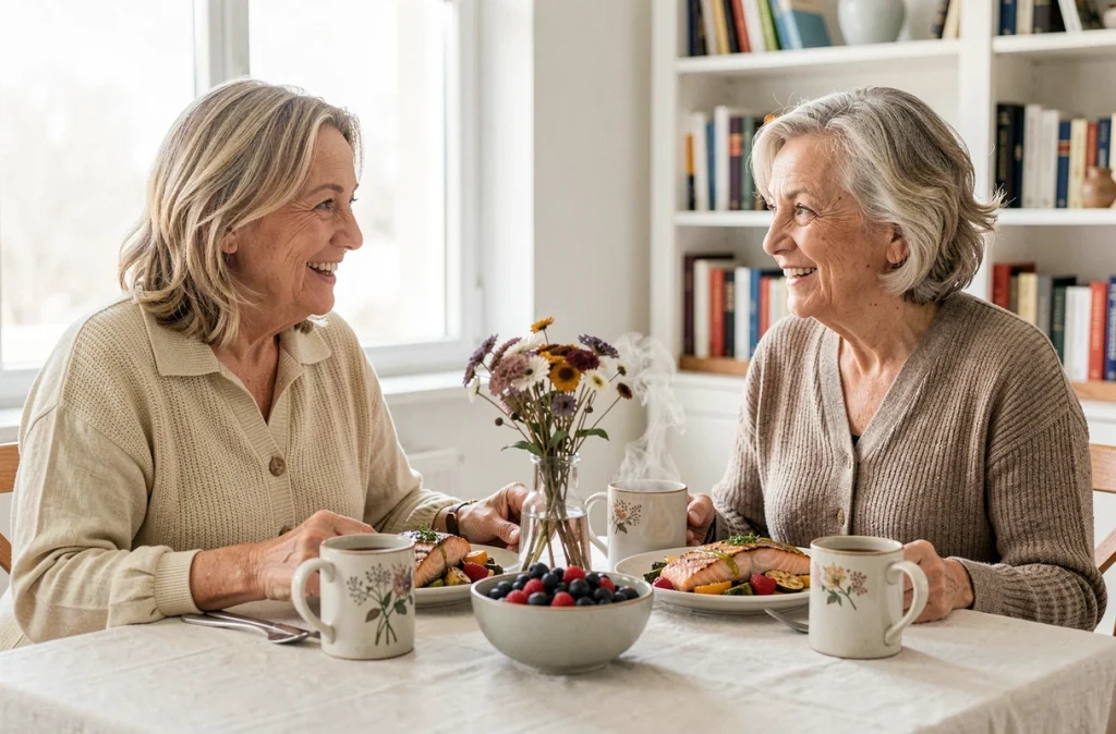 Deux femmes seniors partageant un repas méditerranéen anti-inflammatoire autour d'une table lumineuse