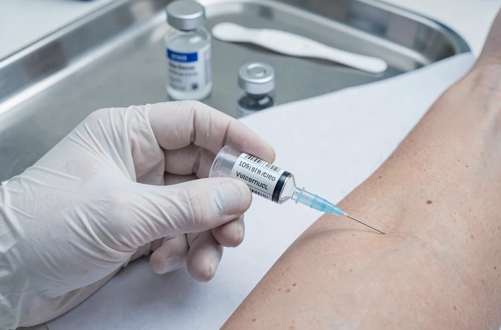 Gros plan sur une seringue de vaccin antigrippal préparée par une main gantée sur un plateau médical en acier inoxydable