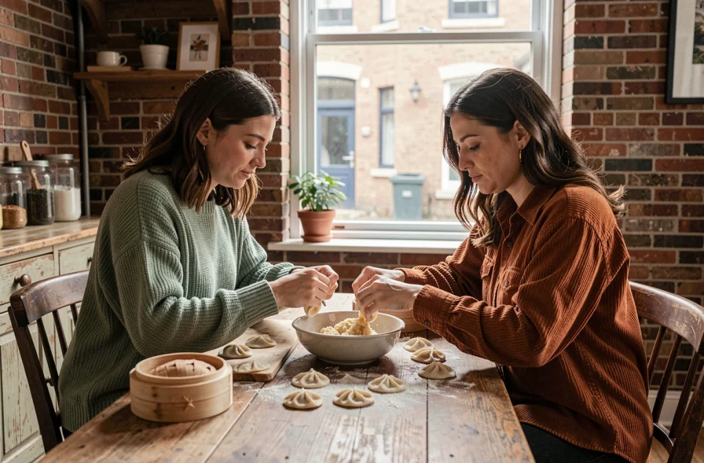 Deux sœurs préparant des raviolis faits maison ensemble autour d'une table en bois, partage et convivialité autour de la cuisine familiale