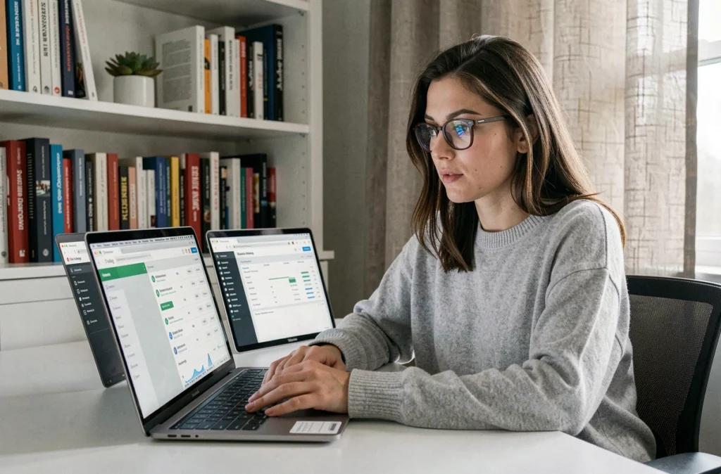 Femme spécialiste SEO comparant deux plateformes de netlinking sur ordinateur portable dans un bureau à domicile