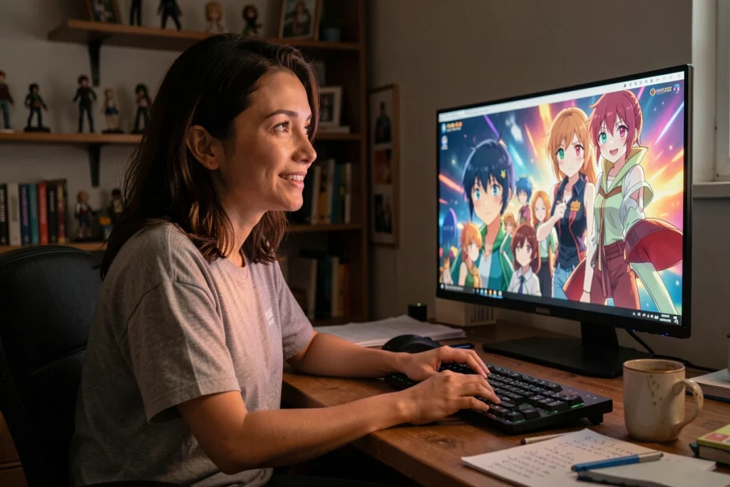 Femme regardant l'anime One Piece sur un grand écran dans un bureau à domicile avec des figurines en arrière-plan