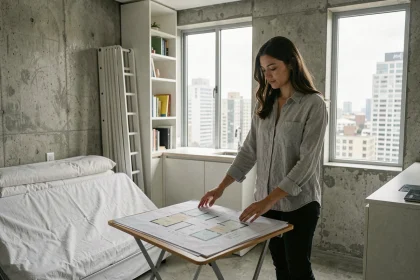 Jeune femme consultant des plans d'appartement dans un petit studio optimisé avec lit escamotable et vue sur la ville