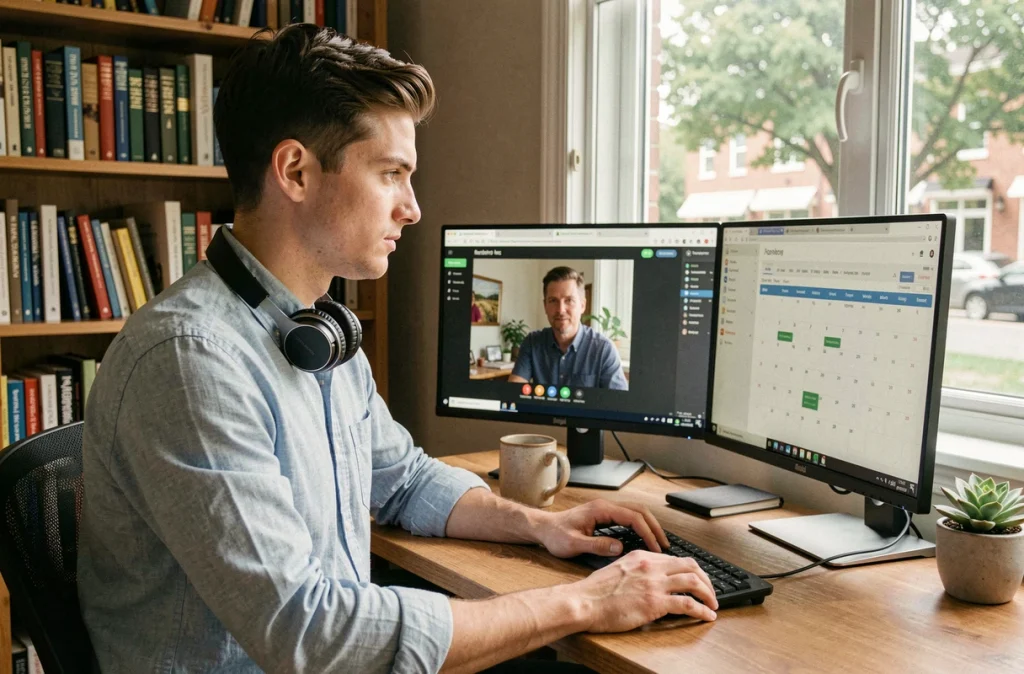Jeune professionnel en télétravail sur double écran dans un bureau à domicile bien organisé