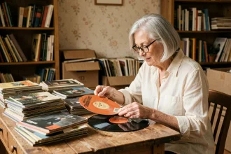 Femme âgée triant des disques vinyle 78 tours hérités sur une table en bois, entourée de piles de vieux disques