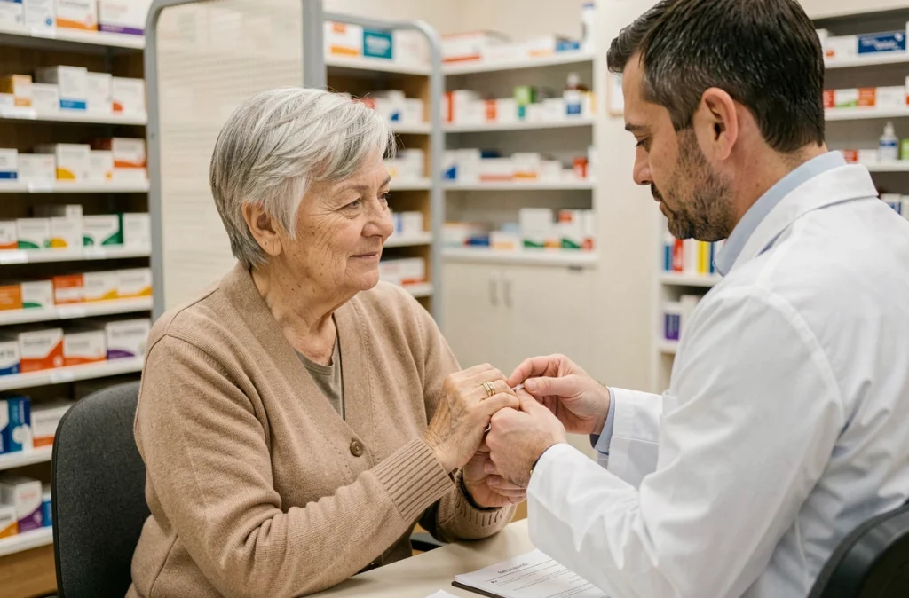 Une femme âgée reçoit le vaccin antigrippal dans une officine pharmaceutique avec l'aide d'un pharmacien