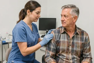 Une infirmière administre le vaccin contre la grippe à un homme adulte dans un cabinet médical moderne