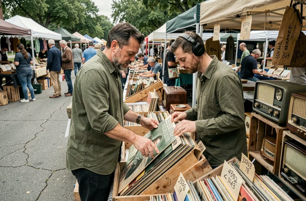 Homme parcourant des disques 78 tours dans un stand de brocante en plein air, atmosphère de marché aux puces vintage