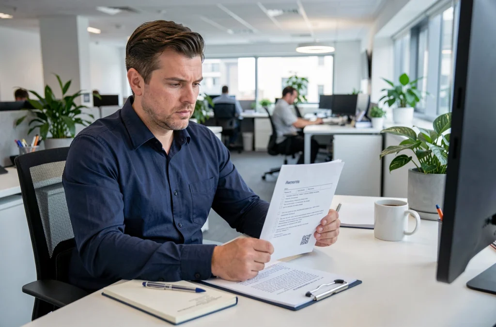 Homme vérifiant des documents juridiques pour prouver un vol de contenu numérique dans un environnement de bureau professionnel