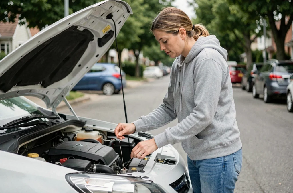 Femme vérifiant le niveau d'huile moteur avant un contrôle technique sur une voiture citadine