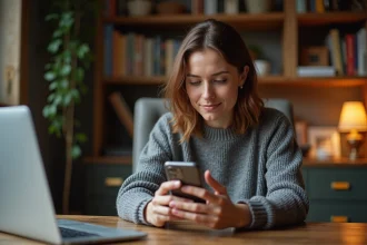 Femme vérifiant l'identité d'un inconnu en ligne avec une recherche inversée d'image sur smartphone pour détecter une arnaque sentimentale