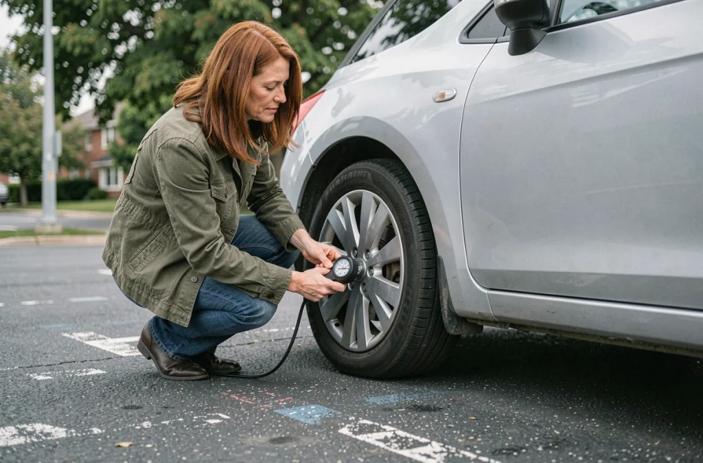 Femme vérifiant la pression des pneus de sa voiture pour réduire la consommation de carburant