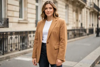 Femme portant une veste oversize camel dans une rue parisienne, style mode automne-hiver