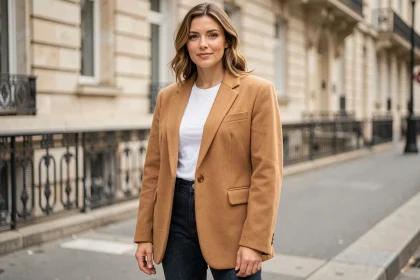 Femme portant une veste oversize camel dans une rue parisienne, style mode automne-hiver