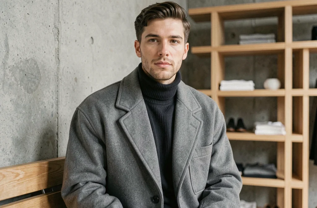 Homme en veste oversize grise structurée dans une boutique minimaliste au style scandinave